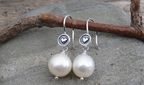 Sterling Silver Earrings With Hearts & Pearls|  Handmade Sterling Silver Heart Earrings  | Artisan Silver Gift Boxed Jewelry | Handmade Boho