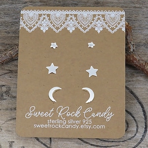 Teeny Tiny Sterling Silver Stud Earring Set | 3 Pair | Tiny Star, Star, Crescent Moon | Celestial Stud Earrings | Gift Boxed Earrings - S64