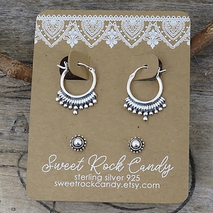 Sterling Silver Hoop and Stud Earring Set | 2 Pair | Artisan Boho Hoop & Round Stud | Handmade Hoop Earrings | Rustic Jewelry - S47