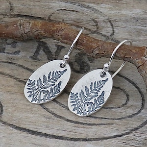 May include: A pair of silver earrings with a fern design. The earrings are oval shaped and have a delicate wire hook.