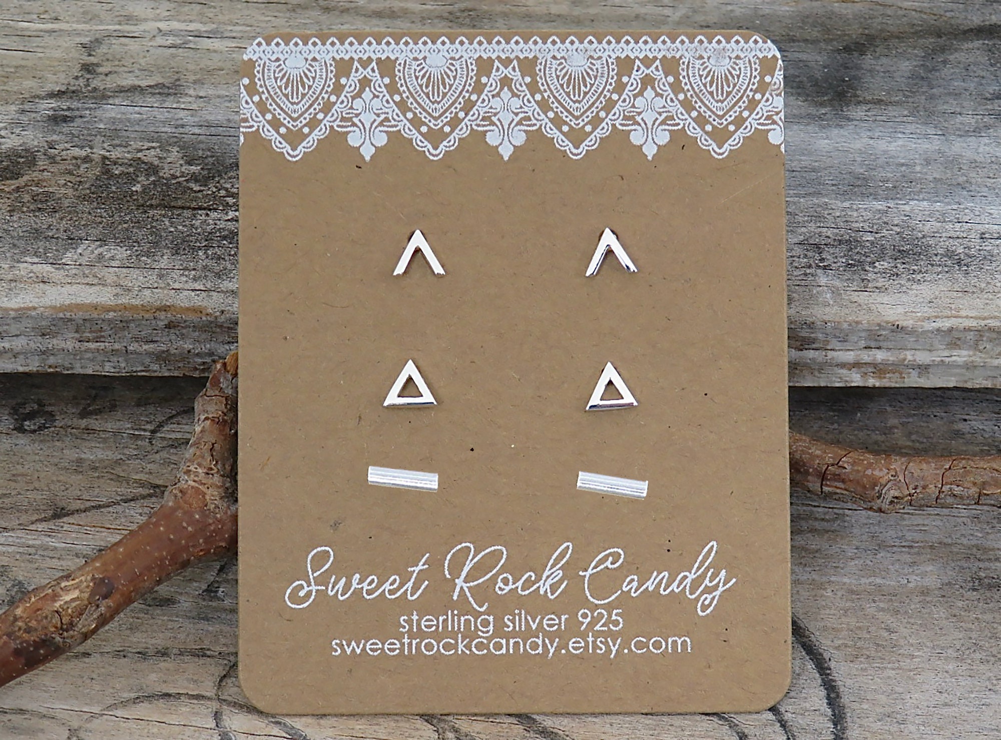 Teeny Tiny Sterling Silver Minimalist Stud Earring Set 3 Pair Triangle Bar Chevron Stud Earring Set Minimalist Gift Boxed - S140B