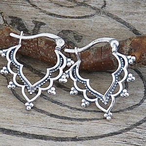 Sterling Silver Filigree Teardrop Hoop Earrings | Rustic Artisan Sterling Silver Hoop | Boho Hoop Earrings | Rustic Jewelry - P160