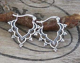 Sterling Silver Filigree Teardrop Hoop Earrings | Rustic Artisan Sterling Silver Hoop | Boho Hoop Earrings | Rustic Jewelry - P160