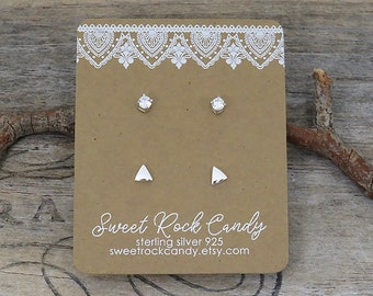 Sterling Silver Stud Earring Set | 2 Pair | Triangle & CZ | Earrings | Multiple Piercing | Mix and Match Studs | Gift BoxedJewelry - S192