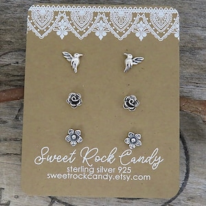 Teeny Tiny Sterling Silver Stud Earring Set | 3 Pair | Tiny Blossom, Tiny Hummingbird, Tiny Rose | Cottagecore | Gift Boxed Earrings - S120