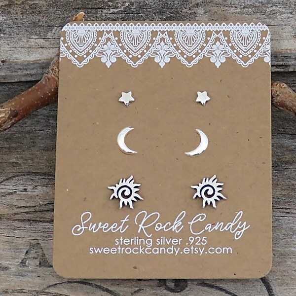 Tiny Sterling Silver Stud Earring Set | 3 Pair | Sun, Crescent Moon & Tiny Star | Stud Earrings | Gift Boxed Earrings - S32C