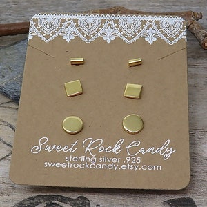 Tiny Gold Vermeil Minimalist Stud Earring Set | 3 Pair | Bar, Square & Circle | Stud Earring Set | Minimalist Gift Boxed Gold Earrings- S9S