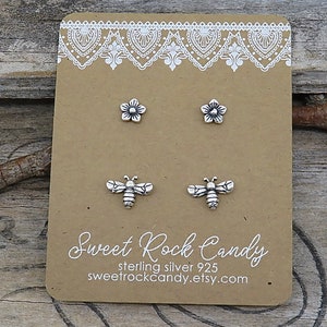 Tiny Sterling Silver Stud Earring Set | 2 Pair | Tiny Blossom, Tiny Bee | Tiny Studs Cottagecore | Gift For Gardener Boxed - S154