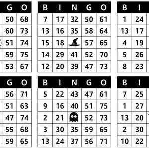 May include: Six black and white bingo cards with a Halloween theme. Each card has a free space in the center with a Halloween image. The images include a jack-o-lantern, a witch's hat, a skeleton, a black cat, a ghost, and a bat.