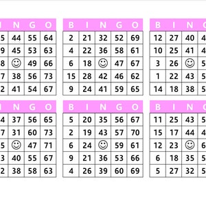 May include: Six pink bingo cards with numbers and a smiley face symbol. Each card has the letters B-I-N-G-O at the top.