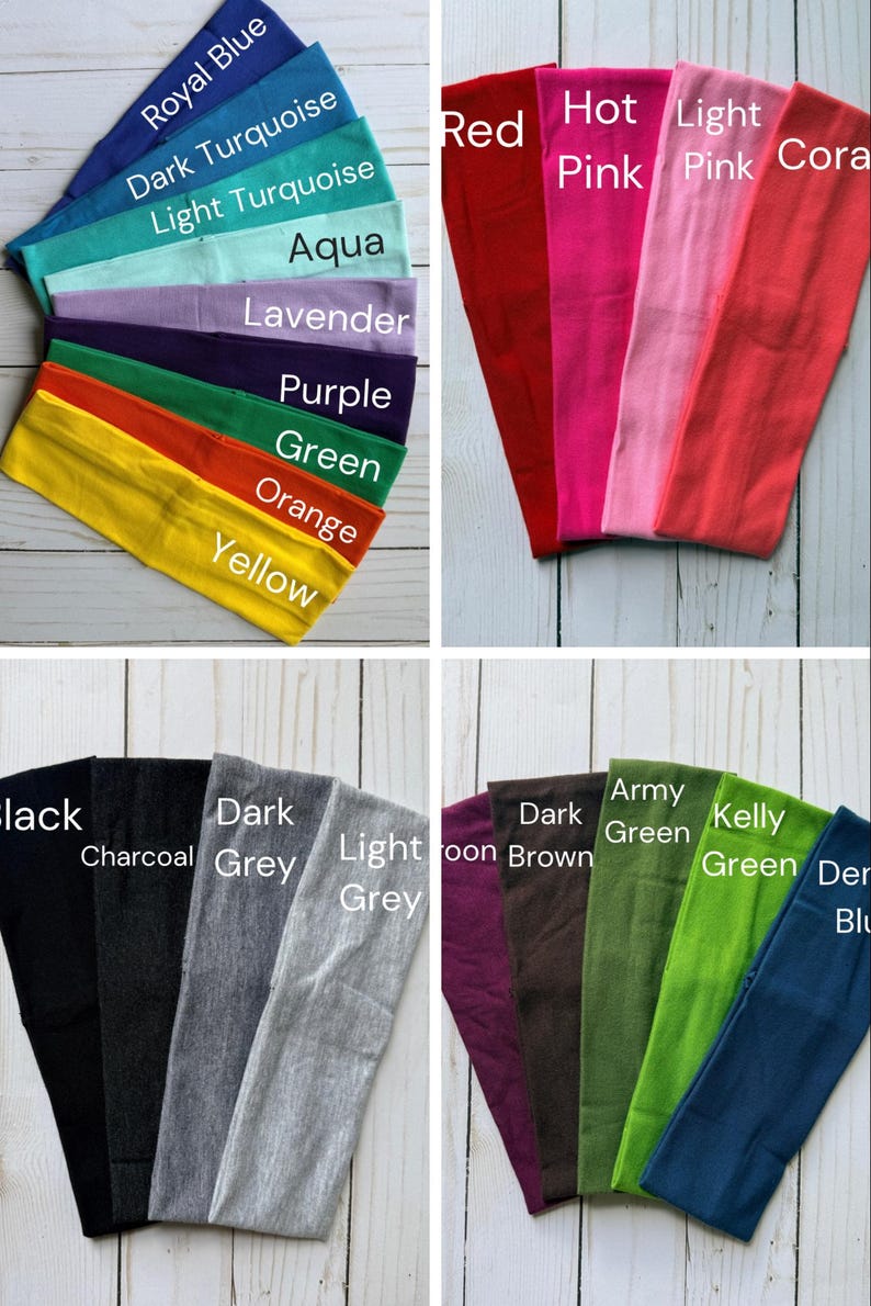 Puede incluir: Una colecci&oacute;n de diademas de tela en varios colores, incluyendo azul real, turquesa oscuro, turquesa claro, aguamarina, lavanda, morado, verde, naranja, amarillo, rojo, rosa fuerte, rosa claro, coral, negro, carb&oacute;n, gris oscuro, gris claro, granate, marr&oacute;n, verde militar, verde kelly y azul mezclilla.