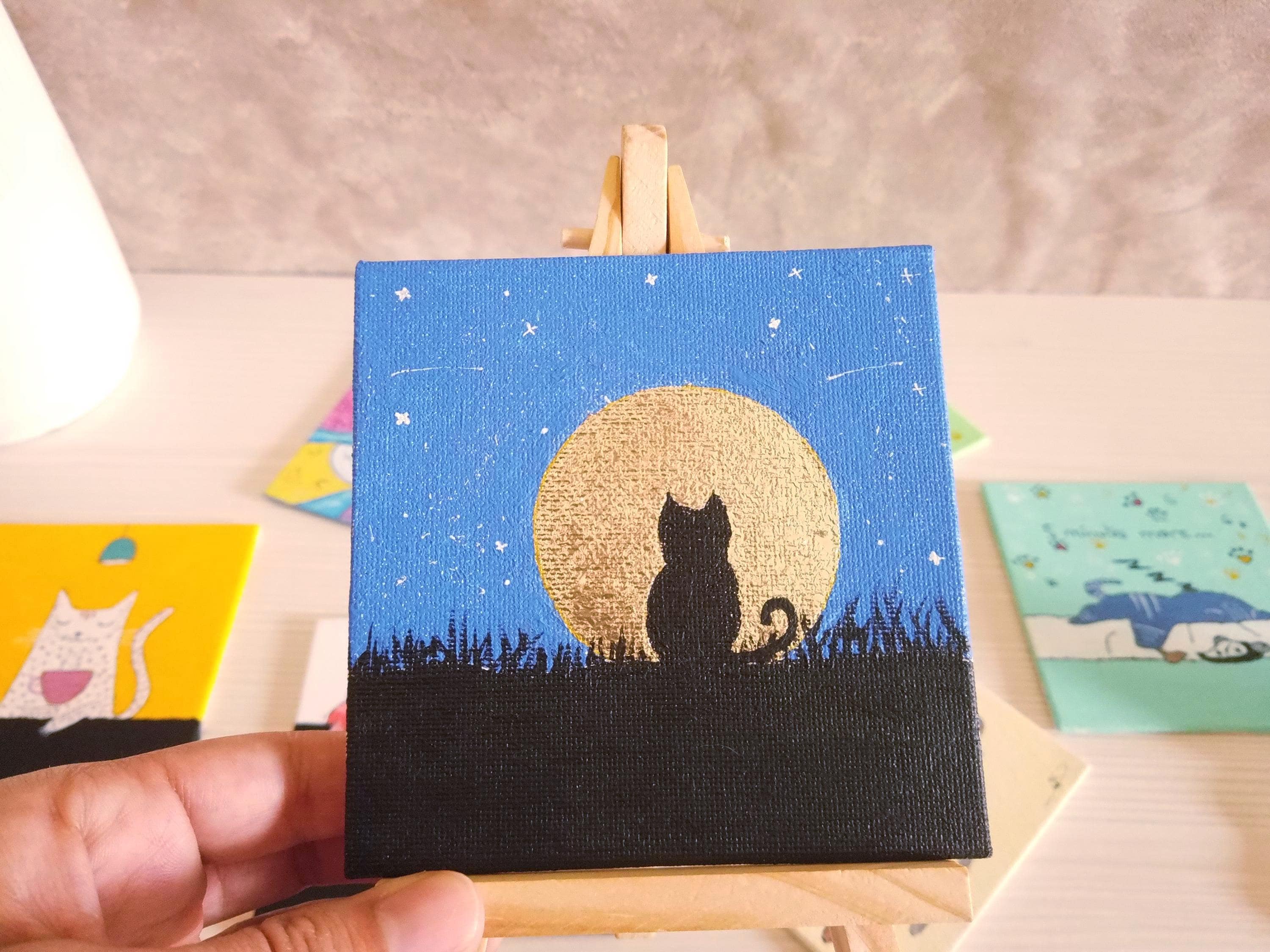 Mini Black Cat Painting – Acrylic & Gold Leaf on Canvas | 4x4 Po With ...