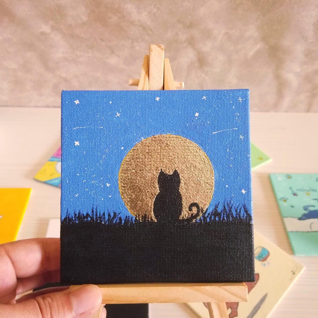Mini Black Cat Painting – Acrylic & Gold Leaf on Canvas | 4x4 Po With ...