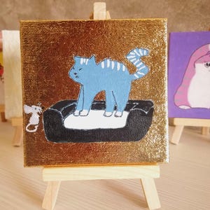 original painting ,Blue Cartoon Cat Painting with Gold Leaf , Funny Whimsical Cat Art on Mini Canvas ,Original painting