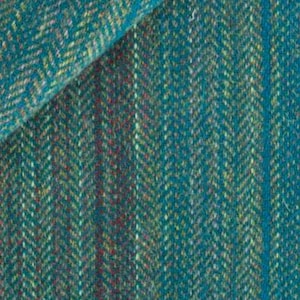 May include: Teal blue fabric with a herringbone pattern and thin stripes of green, yellow, and red.