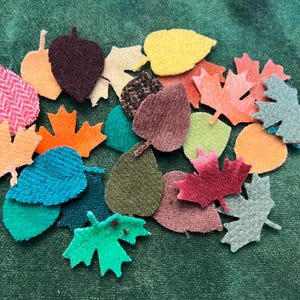 May include: A collection of colorful felt leaf and acorn shapes in various colors, including orange, yellow, green, and brown. The leaves are scattered on a green fabric surface, perfect for fall-themed crafts and decorations.