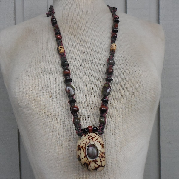 Dragon's Blood Jasper Tagua Pipe Hemp Necklace w/ Red Tiger's Eye Moss Agate Gemstone Semiprecious Stone Bone Skull Beads  Adjustable Length