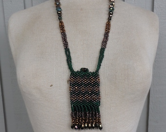 Beaded Necklace Pouch with Tassels in Green, Brown, Brass, Bronze 10 x 5.cm. (4" x 2") Medicine Gift Bag Elegant Evening Purse Crystal Case