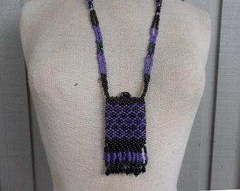 Beaded Necklace Pouch with Tassels in Black, Violet Purple, Midnight Blue 10 x 5 cm. (4" x 2") Pagan Medicine Bag Wiccan Amulet Crystal Case