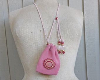 Beaded Rose Quartz Pink Suede Leather Necklace Pouch with Rose Quartz Semiprecious Stone Beads Adjustable Length 11 x 9 cm. 4 1/4" x 3 5/8"