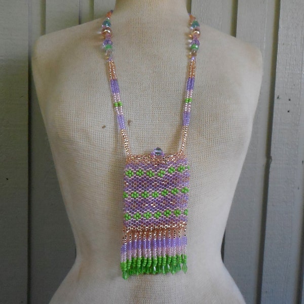 Beaded Necklace Pouch Purse with Tassels & Glass Drop Beads in Champagne Lavender Rose Pink Lime Green Large Size 14 x 7.5 cm. 5 1/2" x 3"