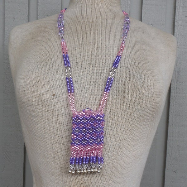 Beaded Necklace Pouch with Tassels & Bells in Rose Pink, Lilac Purple, Silver 10 x 5 cm. 4" x 2" Pagan Medicine Gift Bag Wiccan Crystal Case