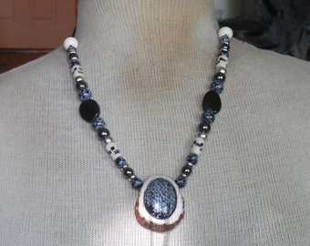 Snowflake Obsidian Carved Elk Antler Amulet Necklace with Egyptian Ankh & Onyx Obsidian Hematite Beads Adjustable Length Large Size Magick