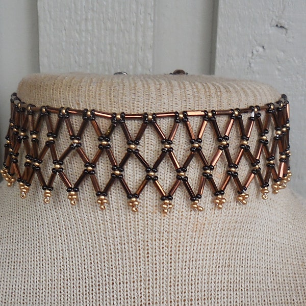 Netted Weave Beaded Choker Necklace with Coffee Brown Bugle Beads, Black, Brass Seed Beads Adjustable Length Chic Native Inspired Beadwork