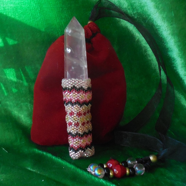 Beaded Rose Quartz Crystal Point Wand in Rose Pink Hot Pink Red Black Copper Gold Medium Size Crystal Healing Reiki Massage Tool Wiccan