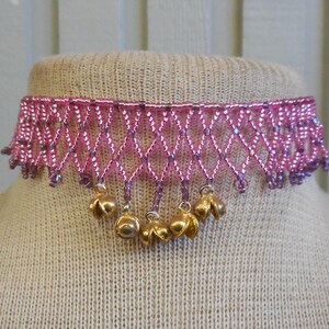 Netted Weave Beaded Adjustable Choker Necklace with Dark Rose Pink, Amethyst Purple Seed Beads, Gold Dancing Bells Native Inspired Beadwork