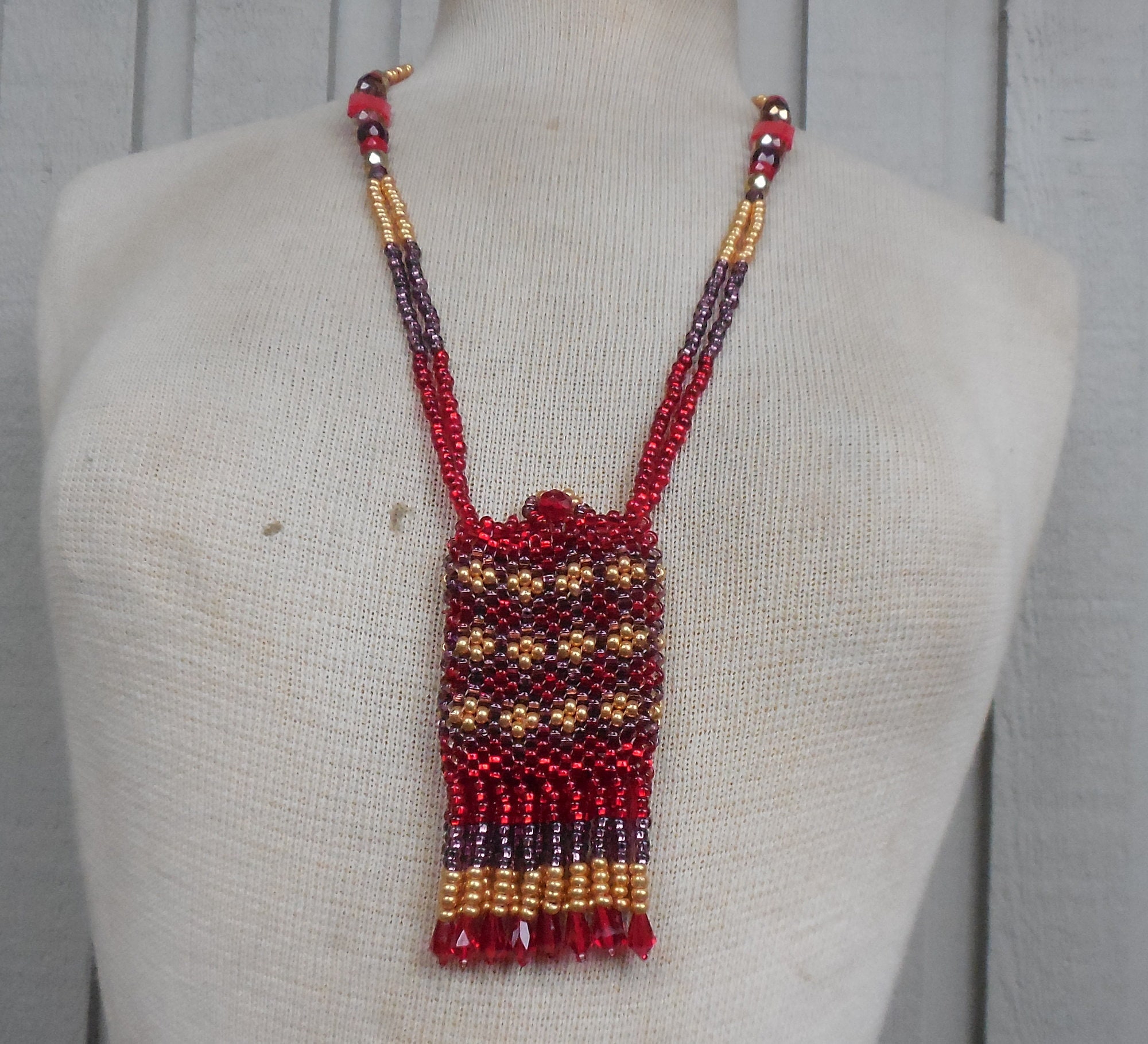 Beaded Necklace Pouch with Tassels in Red Purple Gold 10 x 5.3 cm 4" x 2 1/8" Bulk Discount Medicine Bag Pagan Talisman Wiccan Amulet Case