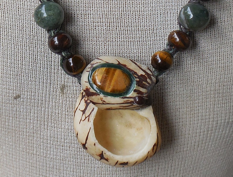 Tiger Eye Tagua Nut Green Brown Hemp Stash Necklace with Moss Agate Tiger Eye Jade Semiprecious Stone Beads Antler Tips Adjustable Length