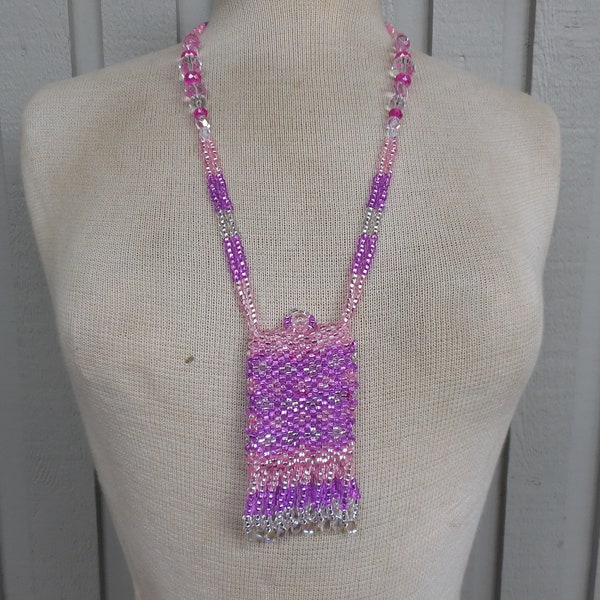 Beaded Necklace Pouch with Tassels in Rose Pink, Fuchsia Hot Pink, Silver 10 x 5.5 cm. (4" x 2 1/4") Pagan Medicine Bag Wiccan Crystal Case