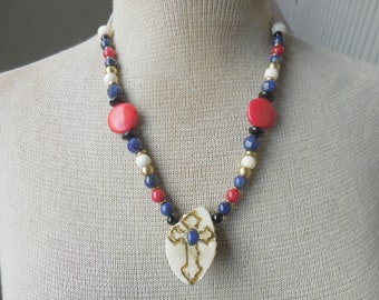 Blue Onyx Gothic Cross Carved Cruelty Free Elk Antler Amulet Necklace w/ Triskelion & Lapis Lazuli Coral Onyx Stone Beads Adjustable Length