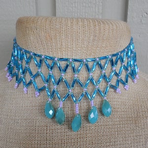 Netted Weave Beaded Adjustable Choker Necklace w/ Dark Aqua Blue Bugle Beads Lavender Light Aqua Blue Seed Beads Robins Egg Blue Drop Beads