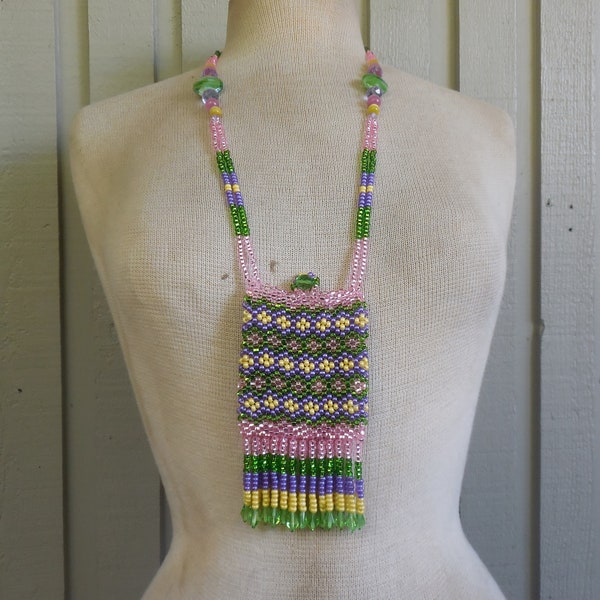 Beaded Necklace Pouch Coin Purse with Tassels & Glass Drop Beads Rose Pink Lime Green Lavender Yellow Large Size 14 x 8 cm. 5 5/8" x 3 1/8"