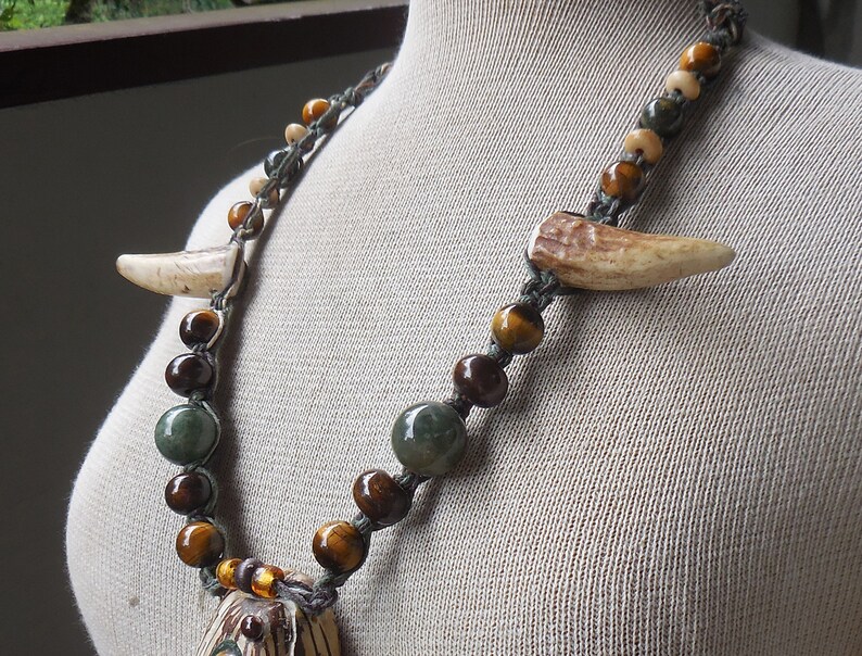 Tiger Eye Tagua Nut Green Brown Hemp Stash Necklace with Moss Agate Tiger Eye Jade Semiprecious Stone Beads Antler Tips Adjustable Length