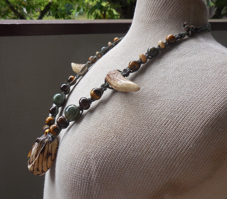 Tiger Eye Tagua Nut Green Brown Hemp Stash Necklace with Moss Agate Tiger Eye Jade Semiprecious Stone Beads Antler Tips Adjustable Length