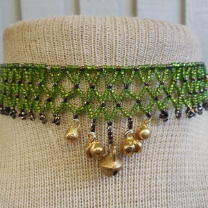 Netted Weave Beaded Adjustable Choker Necklace with Peridot Green, Bronze Seed Beads, Dancing Bells,Chic Elegant Native Inspired Beadwork,