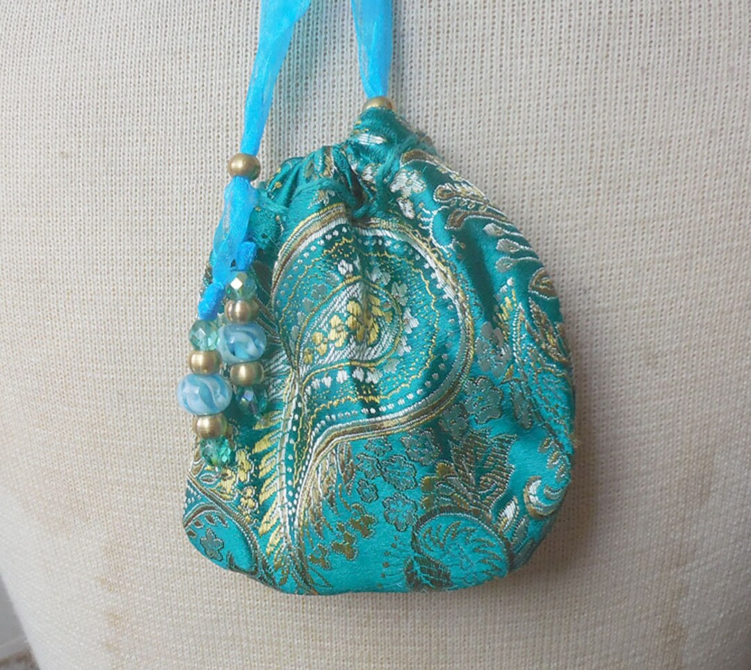 Reversible Teal Gold Paisley Brocade Turquoise Blue Brocade Pouch Large ...