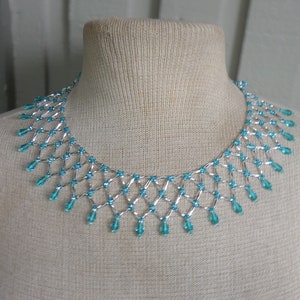 Netted Weave Beaded Adjustable Choker Necklace with Silver Bugle Beads, Aqua Blue, Mint Green Seed Beads, Teal Drop Beads Native Inspired