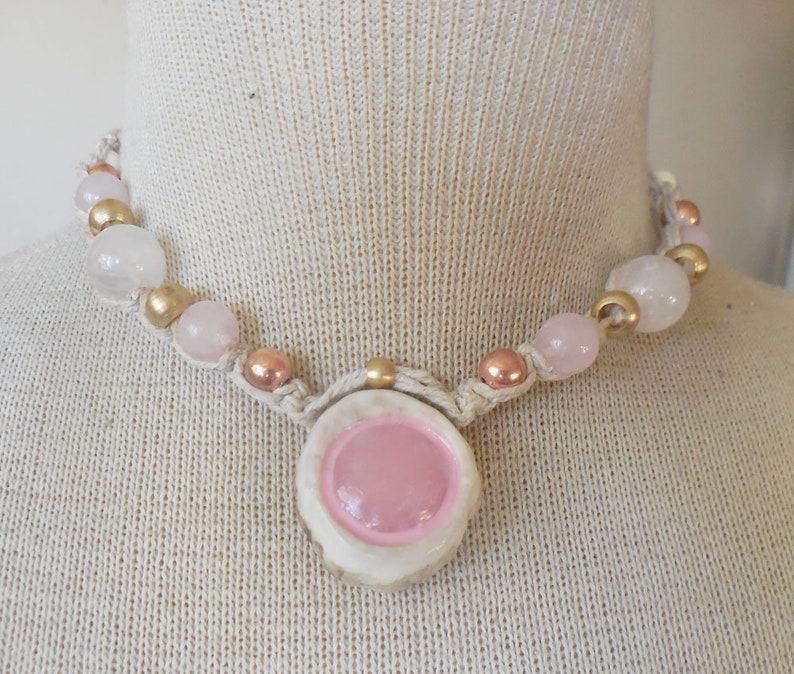 Rose Quartz Carved Cruelty Free Elk Antler Hemp Necklace with Rose Quartz Semiprecious Stone Gemstone Beads Copper Brass Beads Hippie Boho