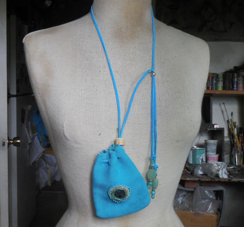 Beaded Abalone Shell Turquoise Blue Suede Leather Necklace Pouch with Aventurine Adjustable Length Large Size 12.3 x 9.7 cm 4 78 x 3 34