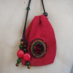 Red Abalone Shell Red Leather Rasta Beaded Drawstring Bag Pouch with Tigers Eye Jade Semiprecious Gemstone Beads 13 x 11 cm (5 1/8&quot;x 4 1/4&quot;)