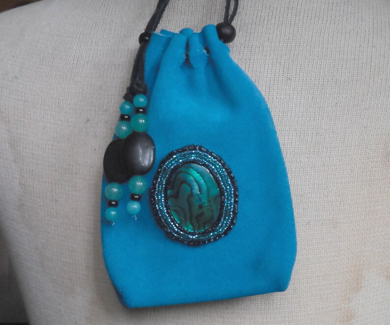 Beaded Green Abalone Shell Turquoise Blue Suede Leather Pouch with Agate Blue Quartzite Extra Large Size 16.5 x 11.5 cm. 6 12 x 4 12