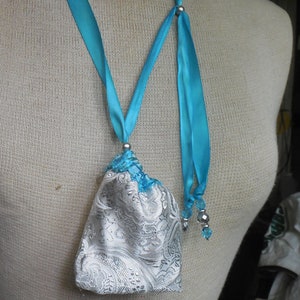 Reversible  Turquoise Blue Brocade Silver Brocade Necklace  Pouch Small Size 9.7 x 9 cm. (3 3/4&quot; x 3 1/2&quot;) Gift Medicine Bag Enchanted Etsy