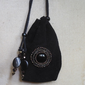 Onyx Black Suede Leather Drawstring Beaded Pouch Purse with Onyx Semiprecious Stone Gemstone Beads 12.5 x 9.5 cm. (5&quot;x 3 3/4&quot;) Medicine Bag