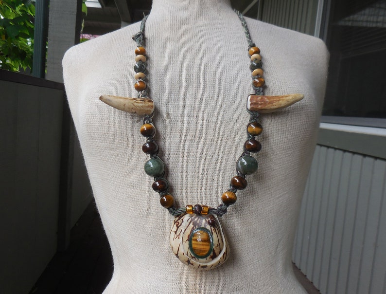 Tiger Eye Tagua Nut Green Brown Hemp Stash Necklace with Moss Agate Tiger Eye Jade Semiprecious Stone Beads Antler Tips Adjustable Length