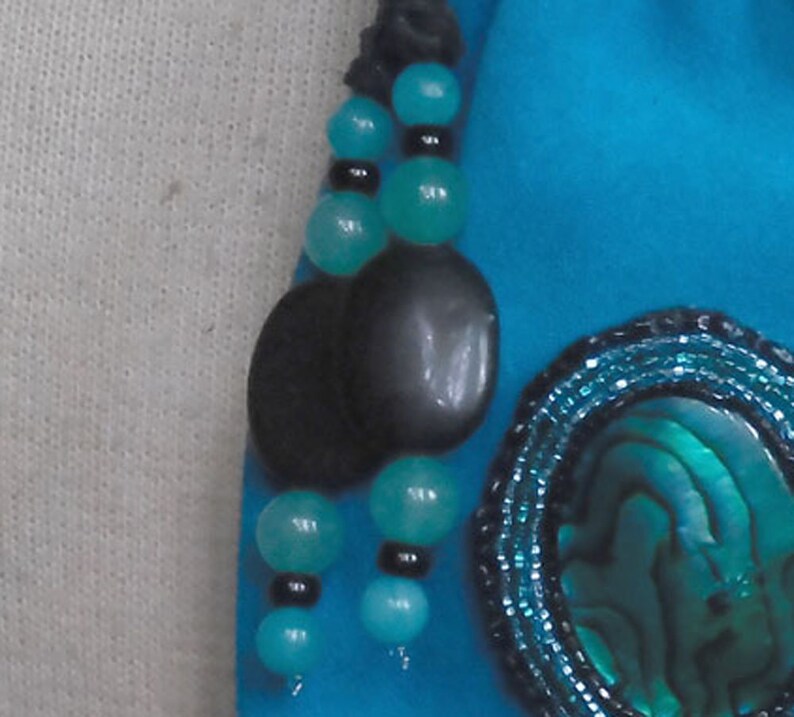 Beaded Green Abalone Shell Turquoise Blue Suede Leather Pouch with Agate Blue Quartzite Extra Large Size 16.5 x 11.5 cm. 6 12 x 4 12