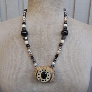 Amulet Adjustable Necklace with Onyx Inlay Deer Antler Boss Carved Pentacle & Hematite, Mother of Pearl Gemstone Beads Pagan Wiccan Talisman